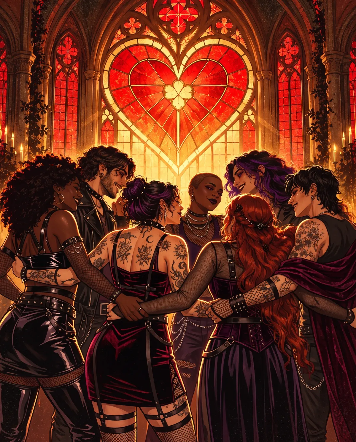 Illustration: a diverse group in modern alternative clothes with arms linked under a heart-shaped stained-glass window